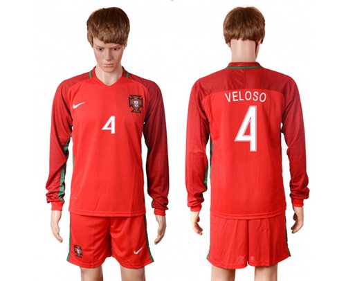 Portugal 4 Veloso Home Long Sleeves Soccer Country Jersey