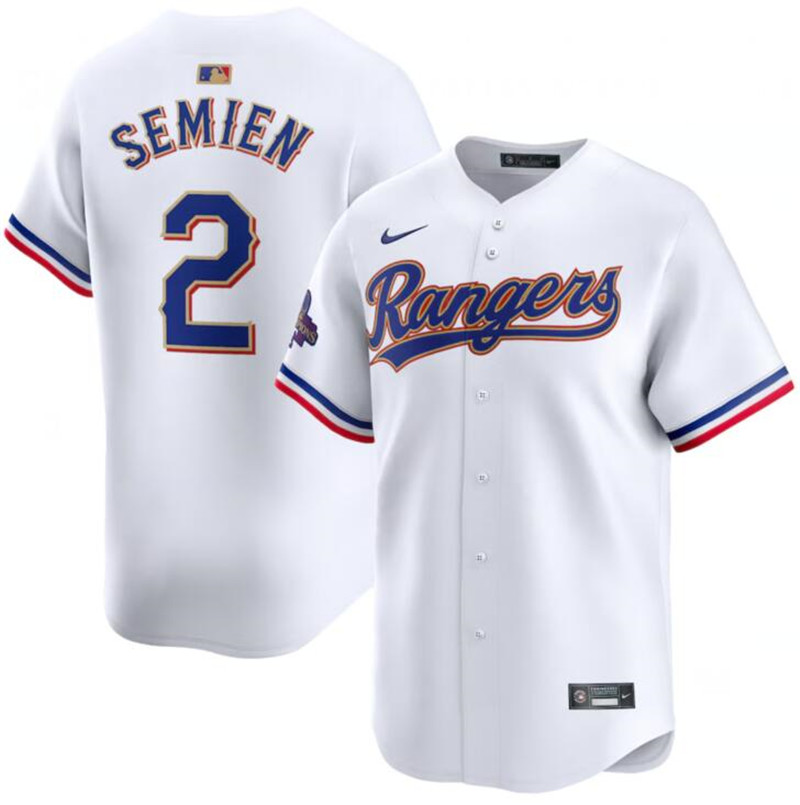 Rangers 2 Marcus Semien White Gold Nike 2024 Gold Collection Cool Base Jersey