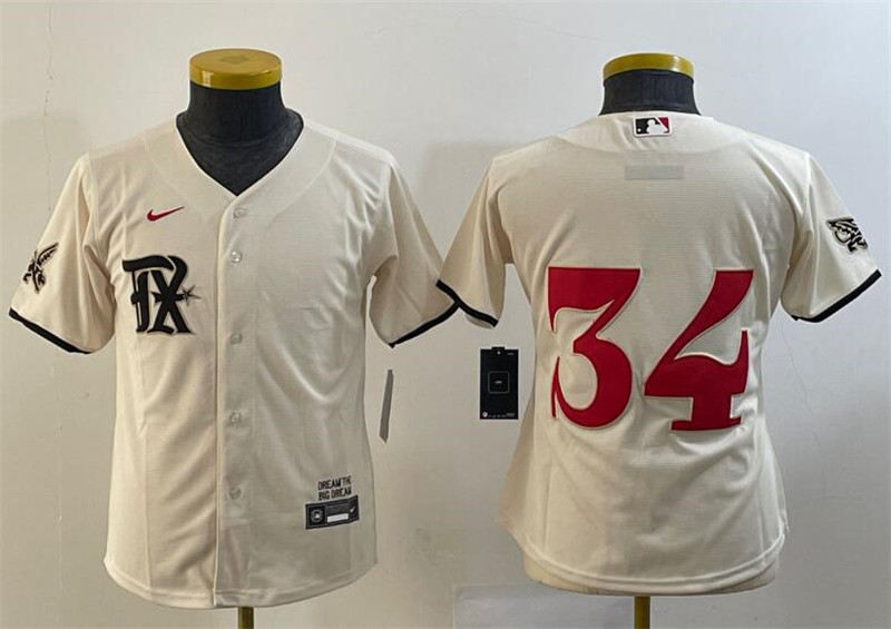 Rangers 34 Nolan Ryan Cream Youth Nike 2023 City Connect Cool Base Jersey