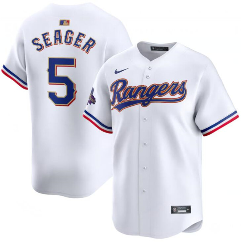Rangers 5 Corey Seager White Gold Nike 2024 Gold Collection Cool Base Jersey