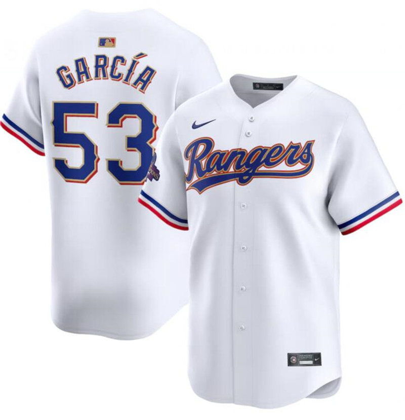 Rangers 53 Adolis Garcia White Gold Nike 2024 Gold Collection Cool Base Jersey