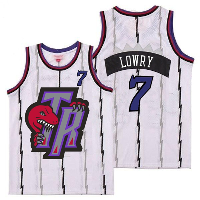 Raptors 7 Kyle Lowry White Big Gray TR Logo Retro Jersey