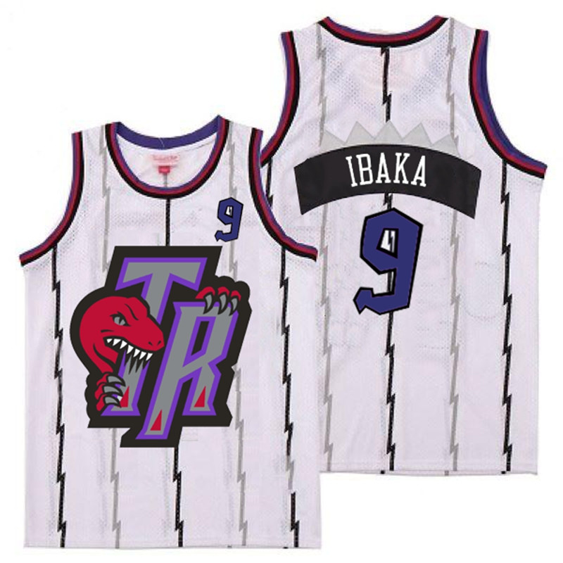 Raptors 9 Serge Ibaka White Big Gray TR Logo Retro Jersey