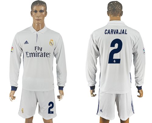 Real Madrid 2 Carvajal White Home Long Sleeves Soccer Club Jersey