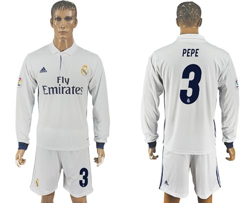 Real Madrid 3 Pepe White Home Long Sleeves Soccer Club Jersey
