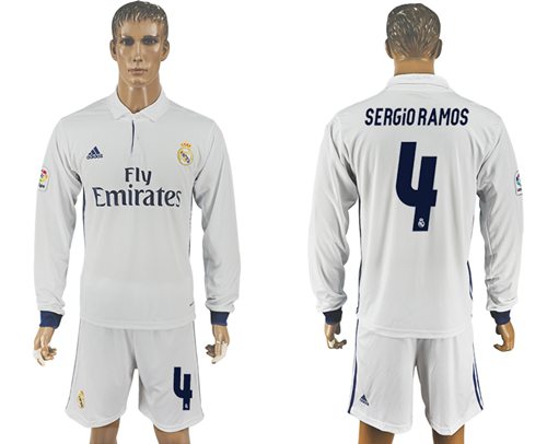 Real Madrid 4 Sergio Ramos White Home Long Sleeves Soccer Club Jersey