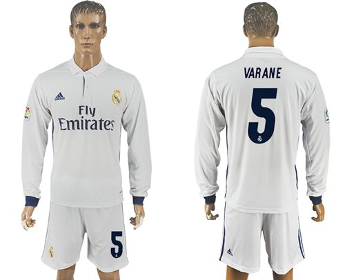 Real Madrid 5 Varane White Home Long Sleeves Soccer Club Jersey