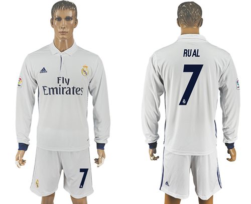 Real Madrid 7 Rual White Home Long Sleeves Soccer Club Jersey