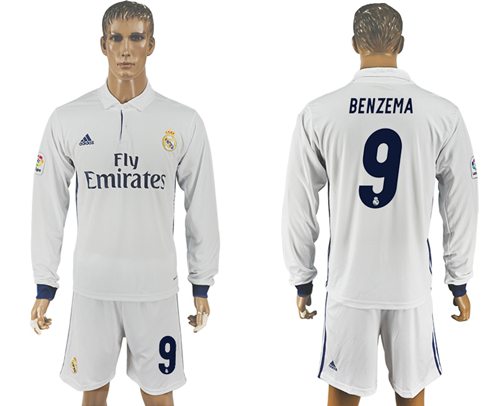 Real Madrid 9 Benzema White Home Long Sleeves Soccer Club Jersey