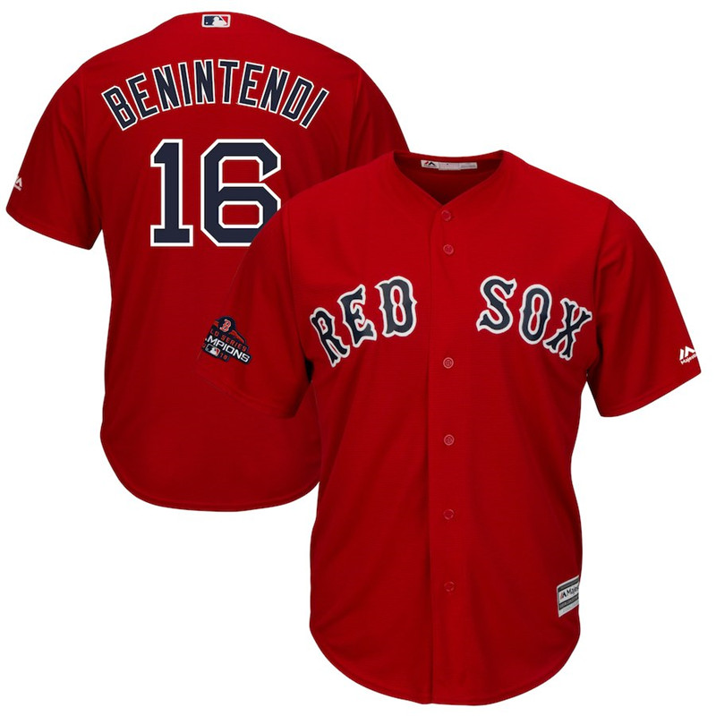Red Sox 16 Andrew Benintendi Scarlet 2018 World Series Champions Team Logo Player Jersey