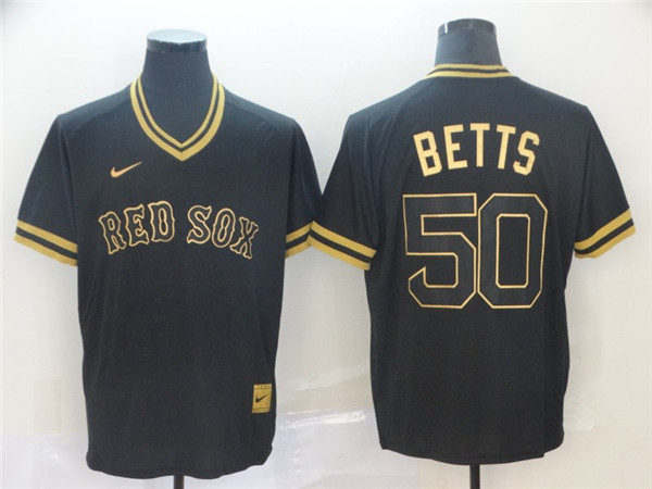 Red Sox 50 Mookie Betts Black Gold Nike Cooperstown Collection Legend V Neck Jersey