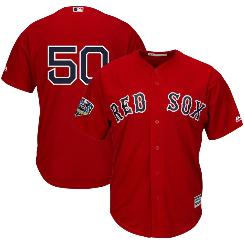 Red Sox 50 Mookie Betts Scarlet 2018 World Series Cool Base Player Number Jersey