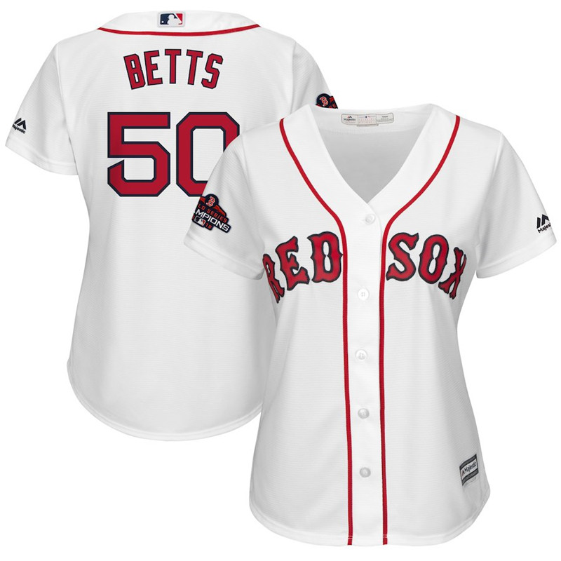 Red Sox 50 Mookie Betts White Women 2018 World Series Champions Team Logo Player Jersey