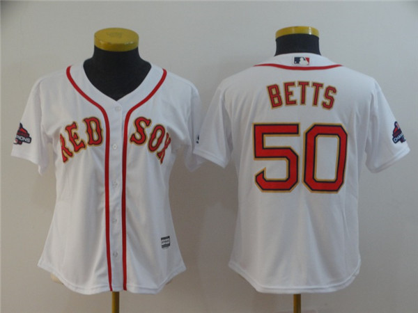 Red Sox 50 Mookie Betts White Women 2019 Gold Program Cool Base Jersey