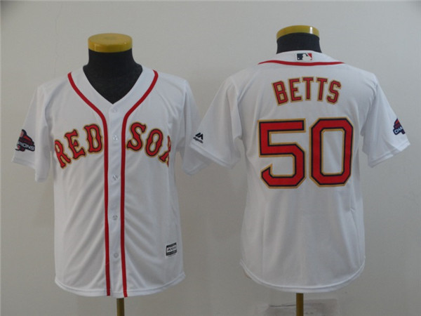 Red Sox 50 Mookie Betts White Youth 2019 Gold Program Cool Base Jersey