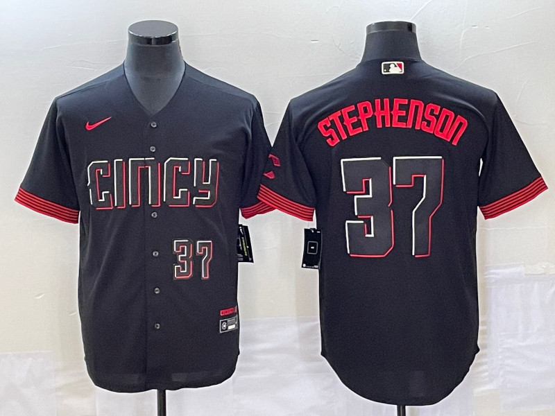 Reds 37 Tyler Stephenson Number Black Nike 2023 City Connect Cool Base Jersey