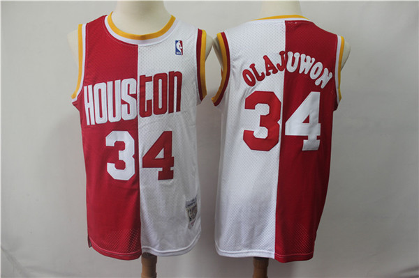 Rockets 34 Hakeem Olajuwon Red White Split 1993 94 Hardwood Classics Jersey