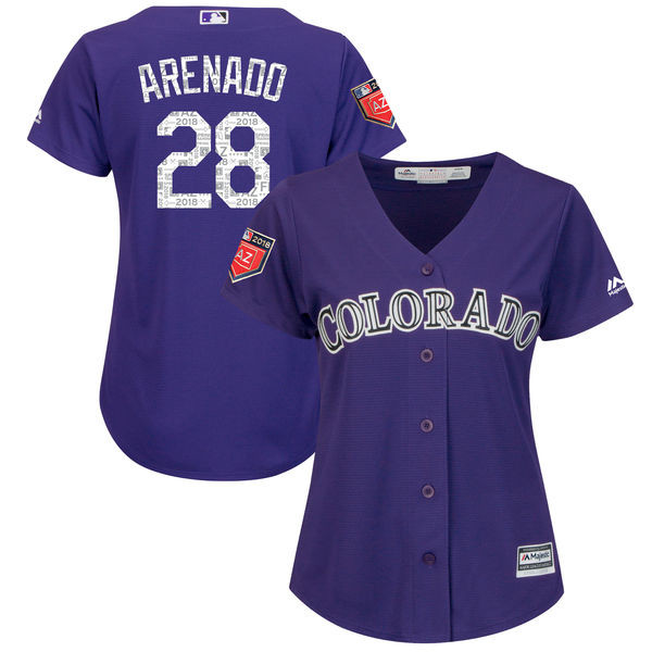 Rockies 28 Nolan Arenado Purple Women 2018 Spring Training Cool Base Jersey