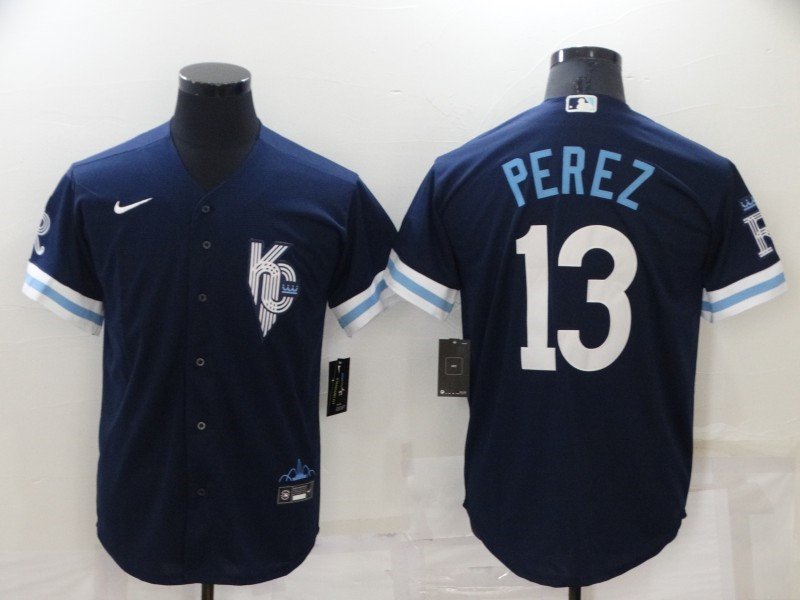 Royals 13 Salvador Perez Navy Nike 2022 City Connect Cool Base Jersey