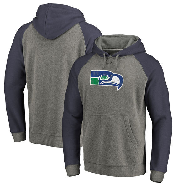 Seattle Seahawks NFL Pro Line by Fanatics Branded Throwback Logo Tri Blend Raglan Pullover Hoodie Gray Navy