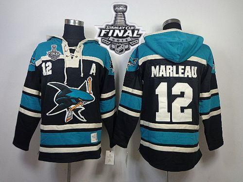 Sharks 12 Patrick Marleau Black Sawyer Hooded Sweatshirt 2016 Stanley Cup Final Patch Stitched NHL Jersey