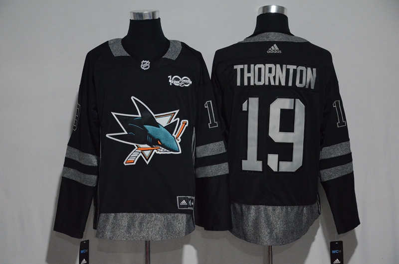 Sharks 19 Joe Thornton Black 100th Anniversary Season Jersey