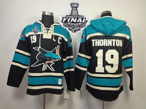 Sharks 19 Joe Thornton Black Sawyer Hooded Sweatshirt 2016 Stanley Cup Final Patch Stitched NHL Jersey
