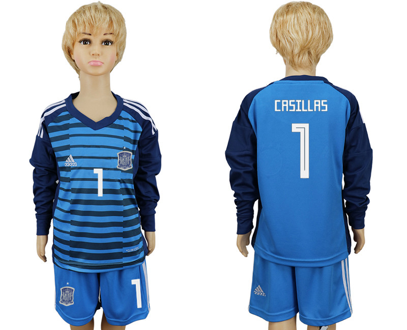 Spain 1 CASILLAS Goalkeeper Youth 2018 FIFA World Cup Long Sleeve Soccer Jersey