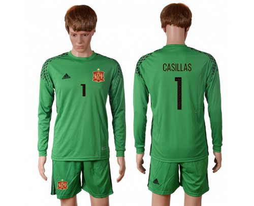 Spain 1 Casillas Green Goalkeeper Long Sleeves Soccer Country Jersey