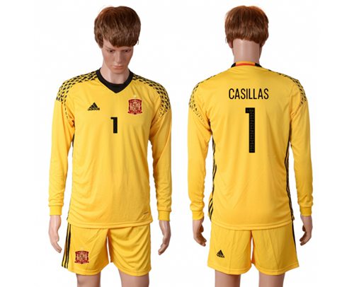 Spain 1 Casillas Yellow Goalkeeper Long Sleeves Soccer Country Jersey