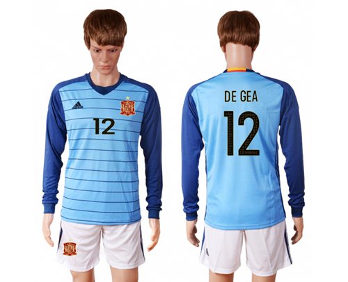Spain 12 De Gea Blue Goalkeeper Long Sleeves Soccer Country Jersey