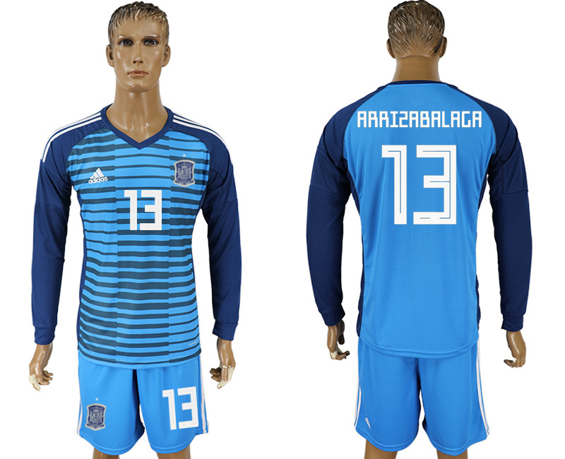 Spain 13 ARRIZABALAGA Lake Blue Goalkeeper 2018 FIFA World Cup Long Sleeve Soccer Jersey