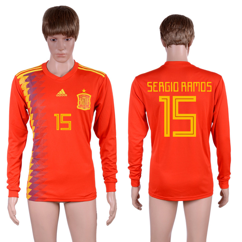 Spain 15 SERGIO RAMOS Home 2018 FIFA World Cup Long Sleeve Thailand Soccer Jersey