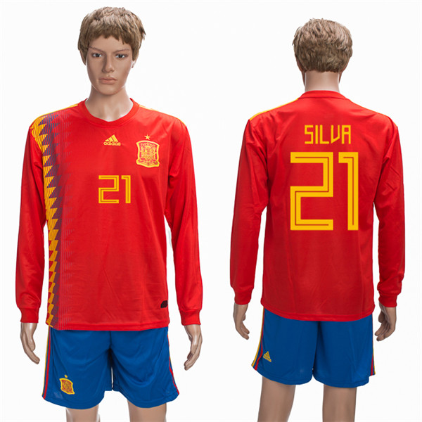 Spain 21 SILVA Home 2018 FIFA World Cup Long Sleeve Soccer Jersey