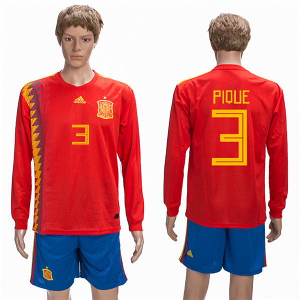 Spain 3 PIQUE Home 2018 FIFA World Cup Long Sleeve Soccer Jersey