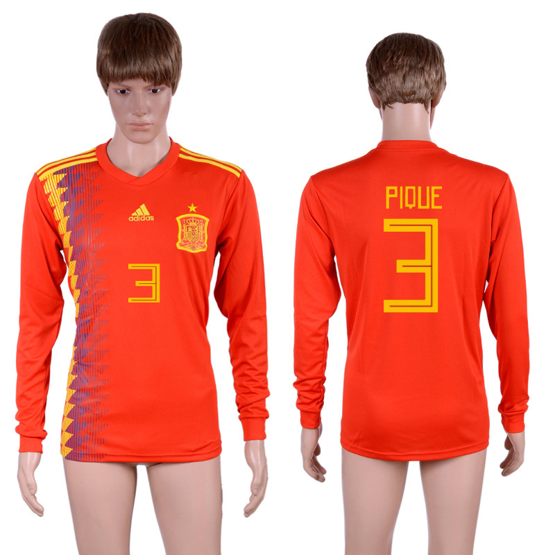 Spain 3 PIQUE Home 2018 FIFA World Cup Long Sleeve Thailand Soccer Jersey