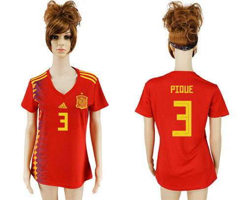Spain 3 PIQUE Home Women 2018 FIFA World Cup Soccer Jersey