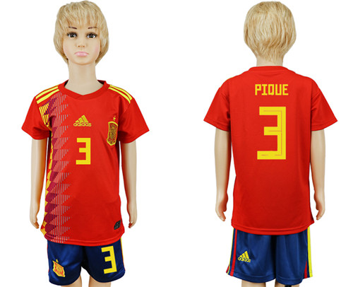 Spain 3 PIQUE Youth Home 2018 FIFA World Cup Soccer Jersey