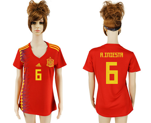 Spain 6 A.INIESTA Home Women 2018 FIFA World Cup Soccer Jersey