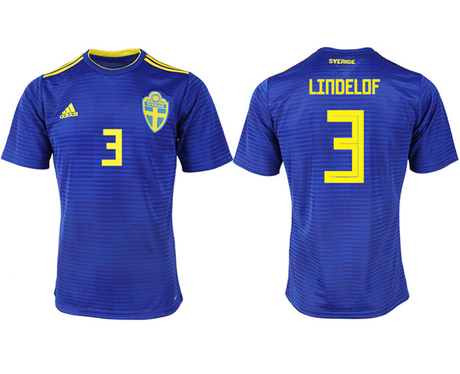 Sweden 3 LINDELOF Away 2018 FIFA World Cup Thailand Soccer Jersey