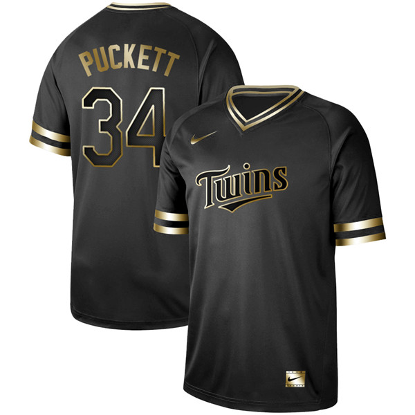 Twins 34 Kirby Puckett Black Gold Nike Cooperstown Collection Legend V Neck Jersey