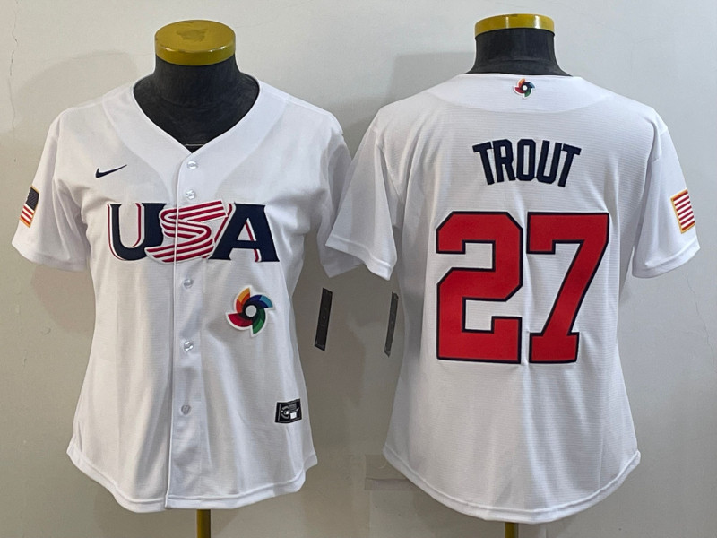 USA 27 Mike Trout White Women Nike 2023 World Baseball Classic Jerseys