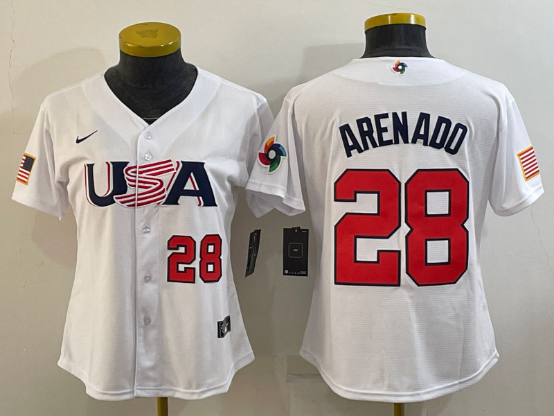 USA 28 Nolan Arenado White Women Nike 2023 World Baseball Classic Jersey