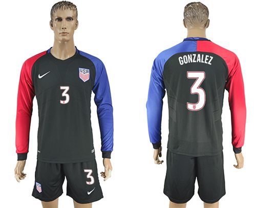 USA 3 Gonzalez Away Long Sleeves Soccer Country Jersey