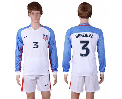 USA 3 Gonzalez Home Long Sleeves Soccer Country Jersey