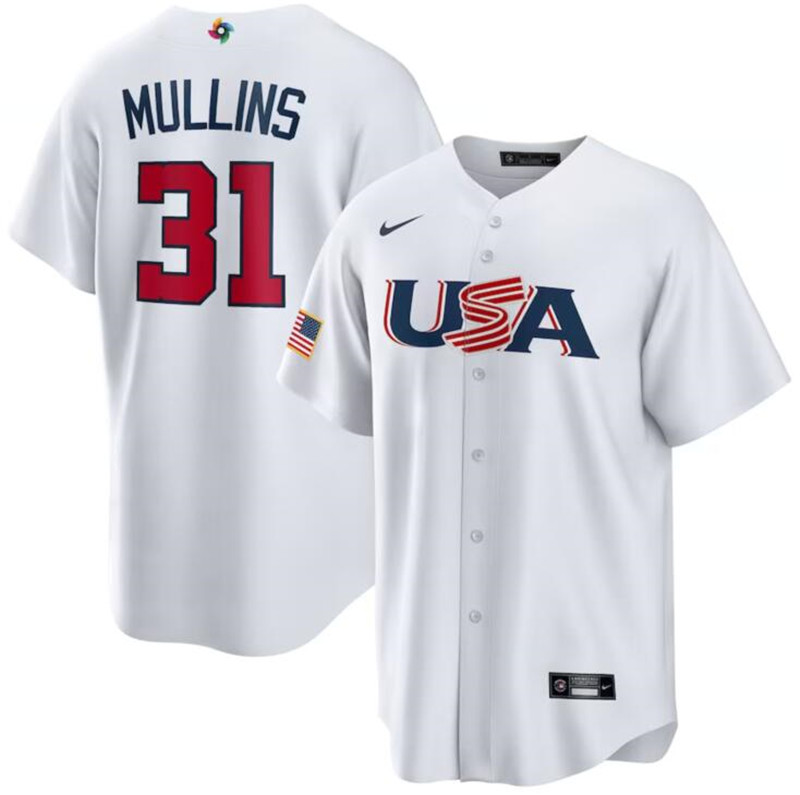 USA 31 Cedric Mullins White Nike 2023 World Baseball Classic Jersey