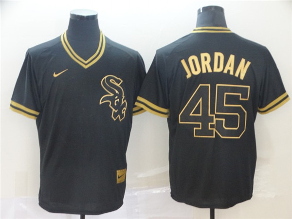 White Sox 45 Michael Jordan Black Gold Nike Cooperstown Collection Legend V Neck Jersey