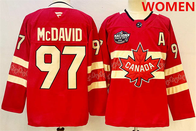 Women's Canada 97 Connor McDavid Red 2025 4 Nations Face Off Premium With A Patch Stitched Jersey