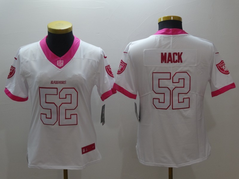Women  Oakland Raiders 52 Khalil Mack Limited White Pink Rush Fashion NFL Jersey