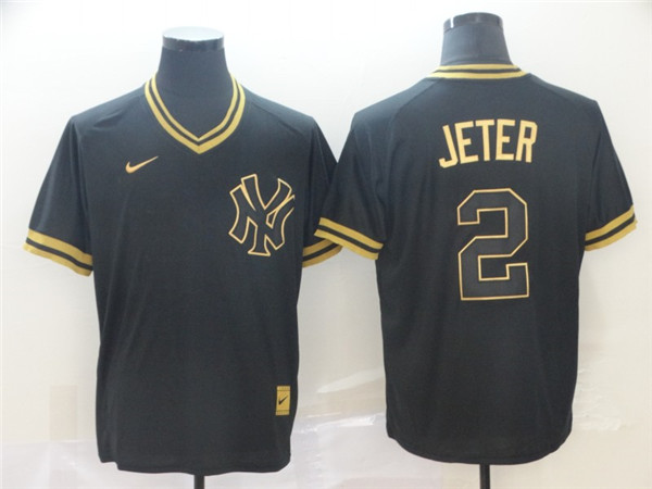 Yankees 2 Derek Jeter Black Gold Nike Cooperstown Collection Legend V Neck Jersey